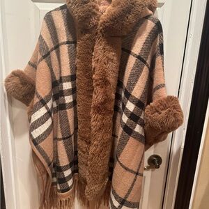 Jones New York Plaid Poncho Coat in Brown and Black